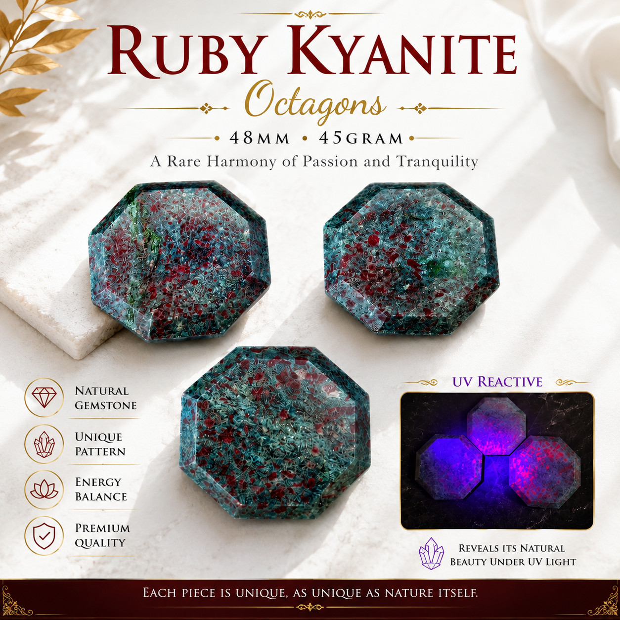 Ruby Kyanite Palm Stone UV Reactive Fluorescent Crystal Octagon 48mm