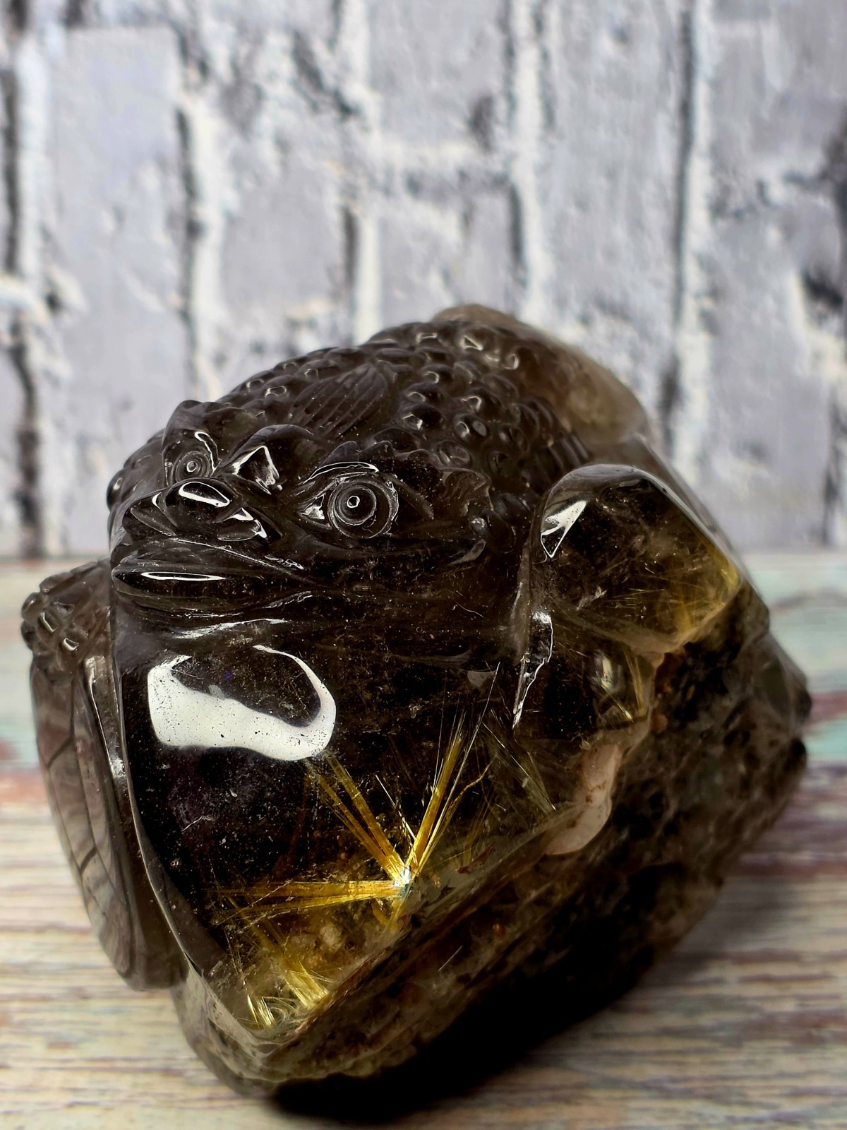 Natural Smoky Quartz Golden Rutile Garden Quartz Money Toad Carving 1.178kg