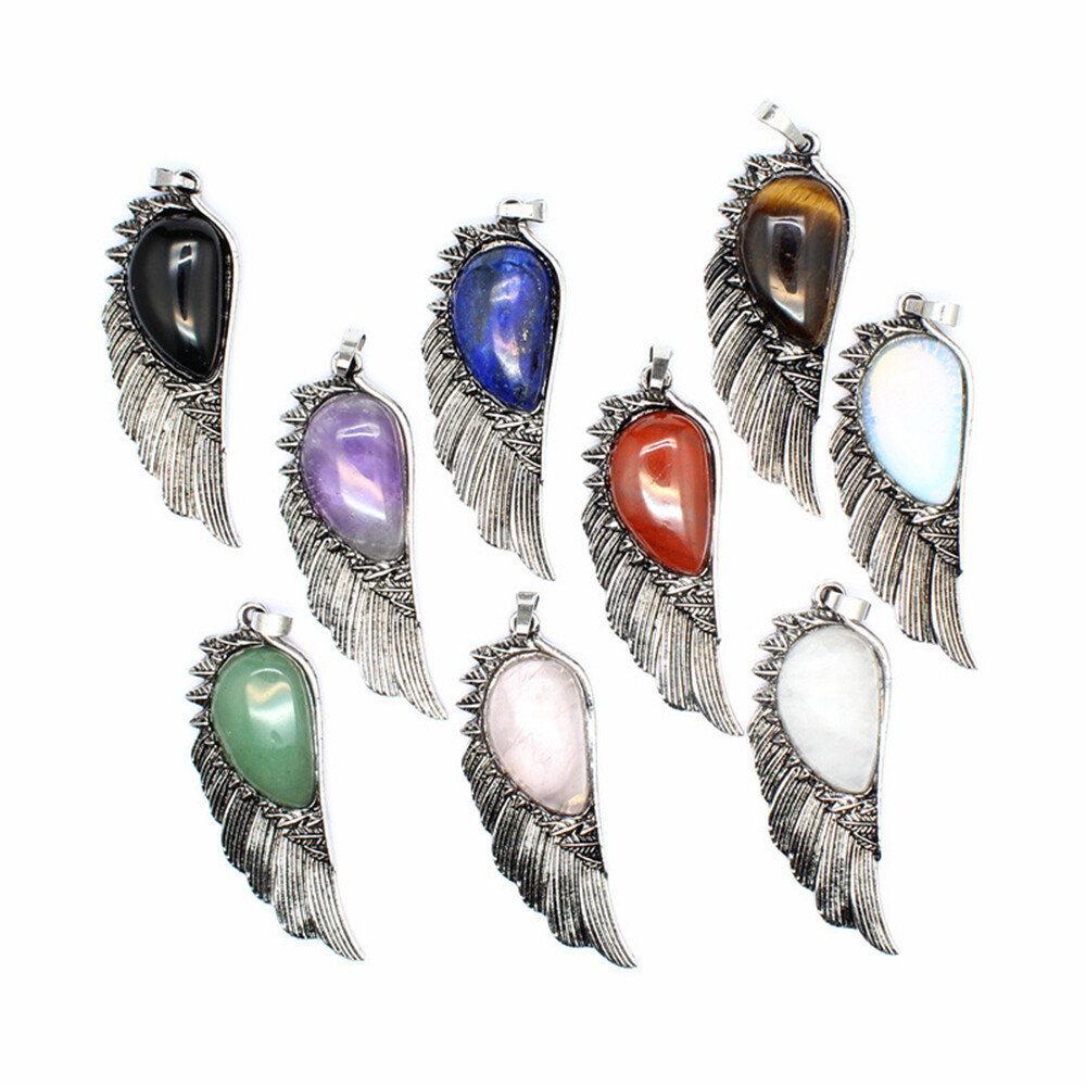 Chakra Gemstone Crystal Angel Wing Pendant Luck Energy Reiki Healing Amulet Gift