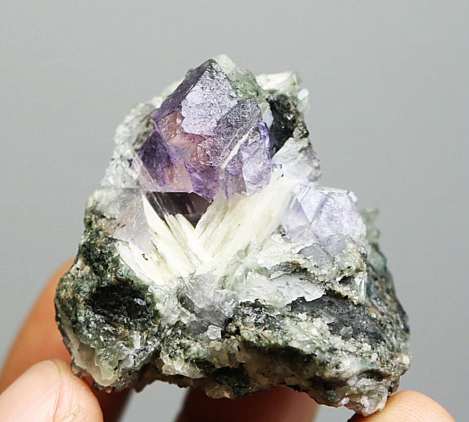Natural Purple Octahedron Fluorite Phantom Quartz Crystal Mineral Specimen