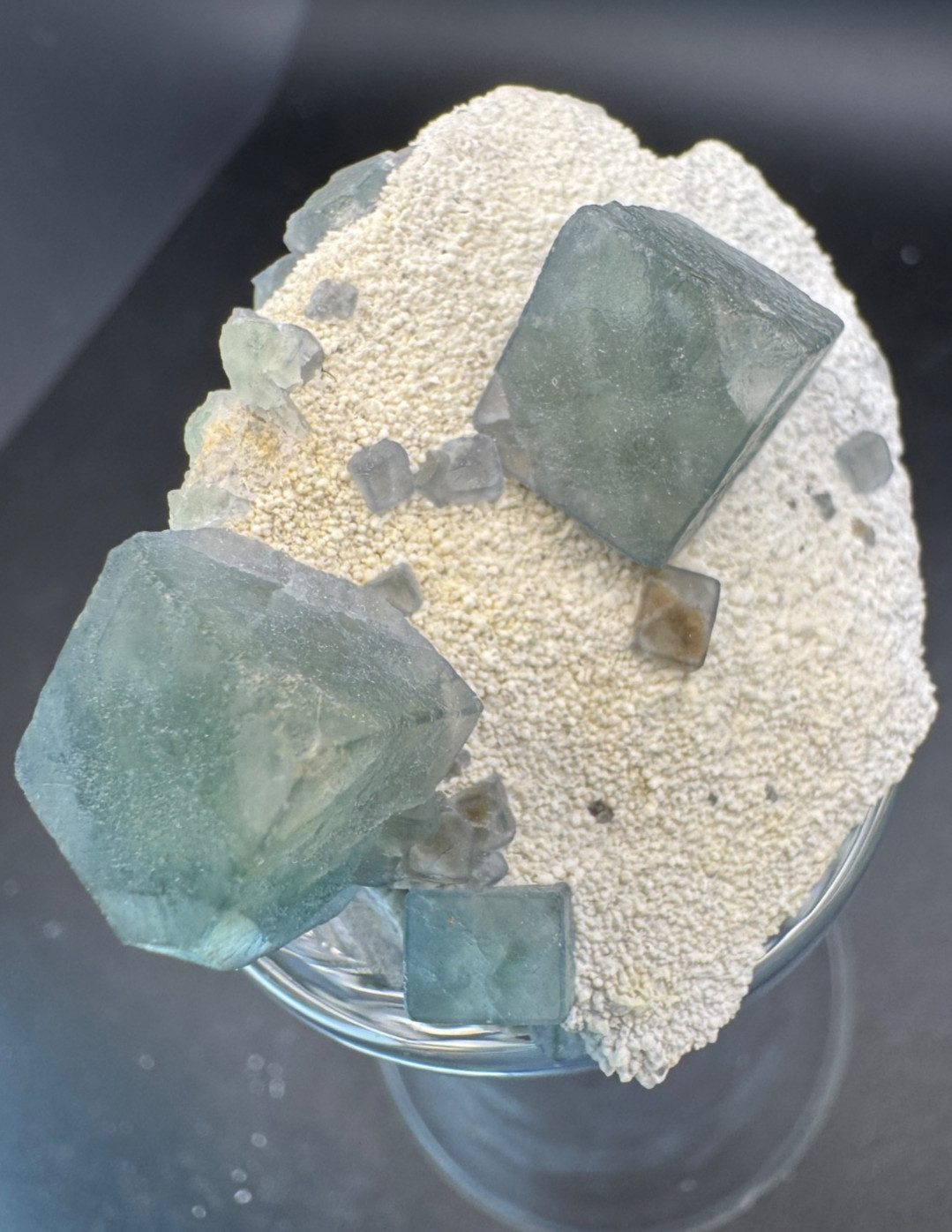 6457 Blue Green Morandi Fluorite on White Candle Quartz Inner Mongolia 50g