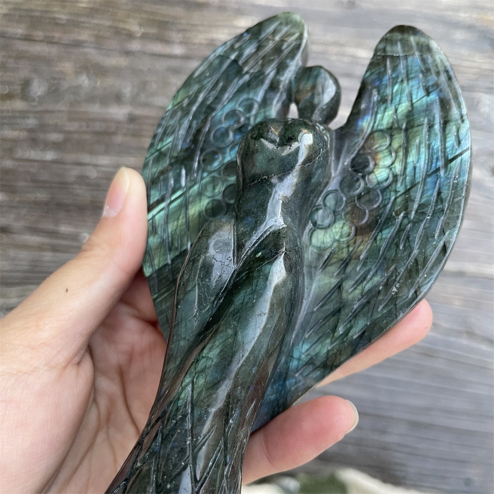 0.7LB 5.9″Natural Labradorite Angel Statue Crystal Heal Carving Energy Decor