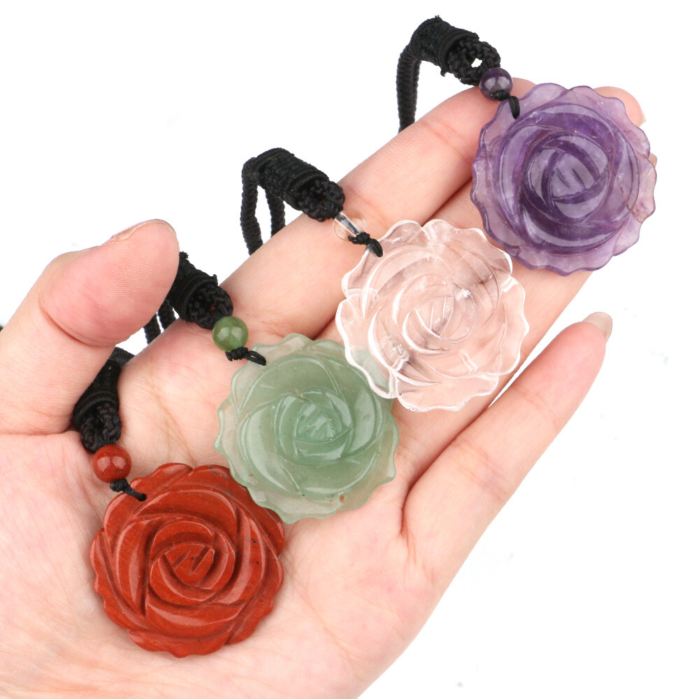 Natural 35mm Crystal Carved Rose Flower Necklace Gemstone Reiki Pendant Charm
