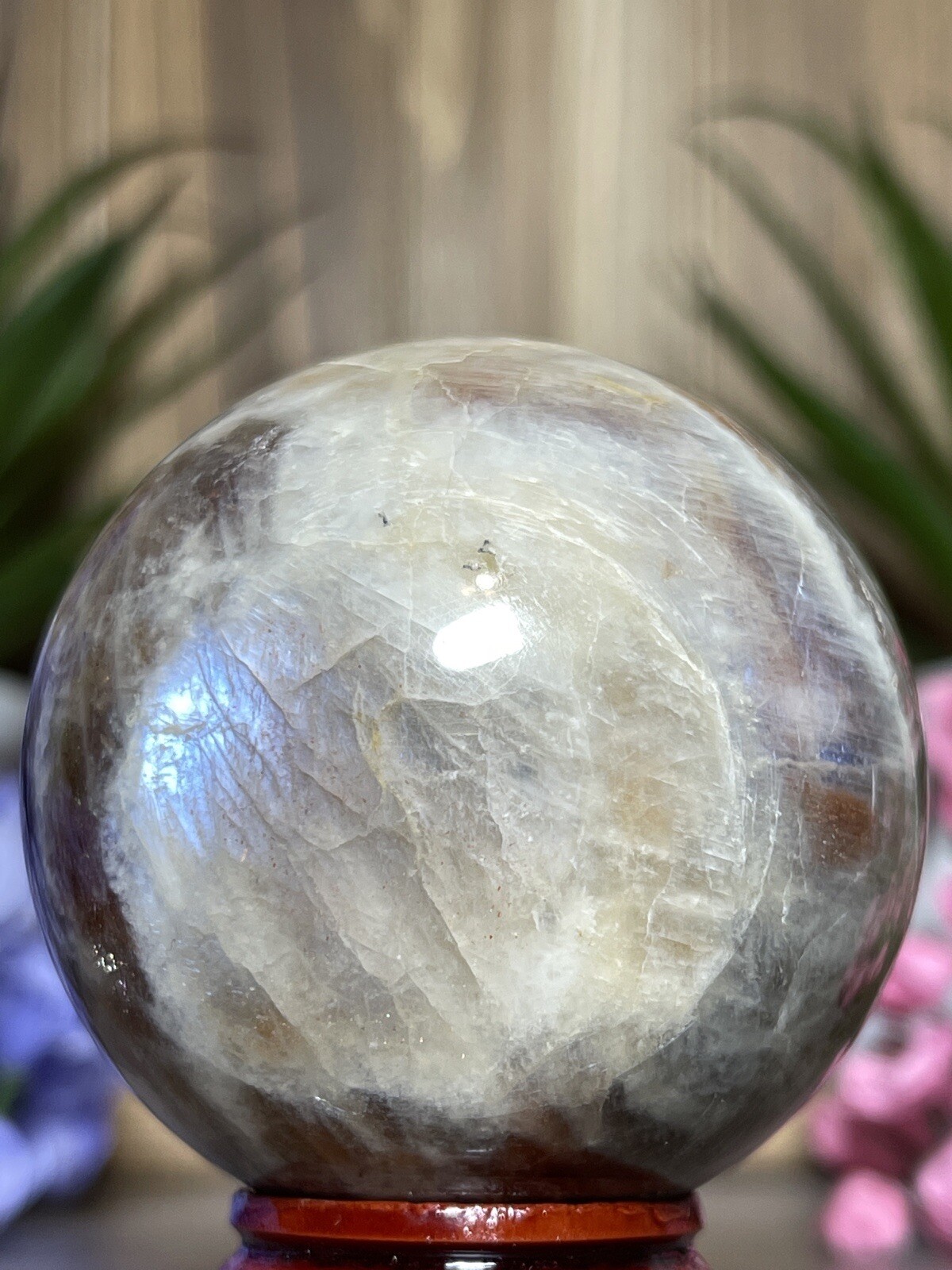 52mm MOONSTONE SUNSTONE SPHERE – Crystal Blue Feldspar Orange Mineral Witch 202g