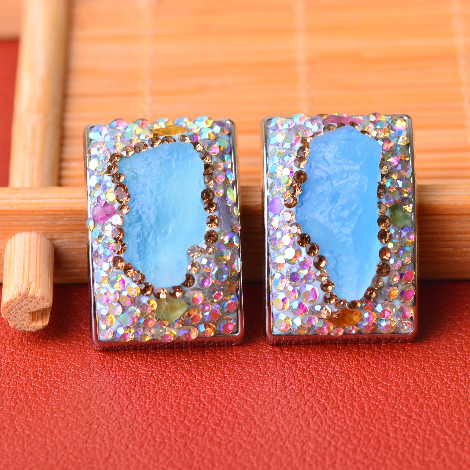 Aquamarine-inlaid alloy ear stud gemstone jewelry Energy Crystal