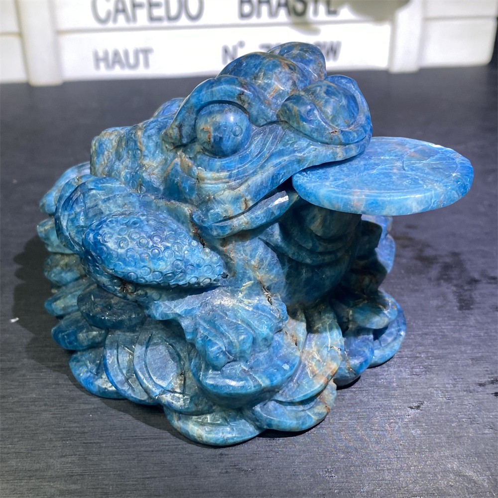 2.2LB 4″Natural A+Blue Apatite Golden Toad Statue Crystal Reiki Carving Decor