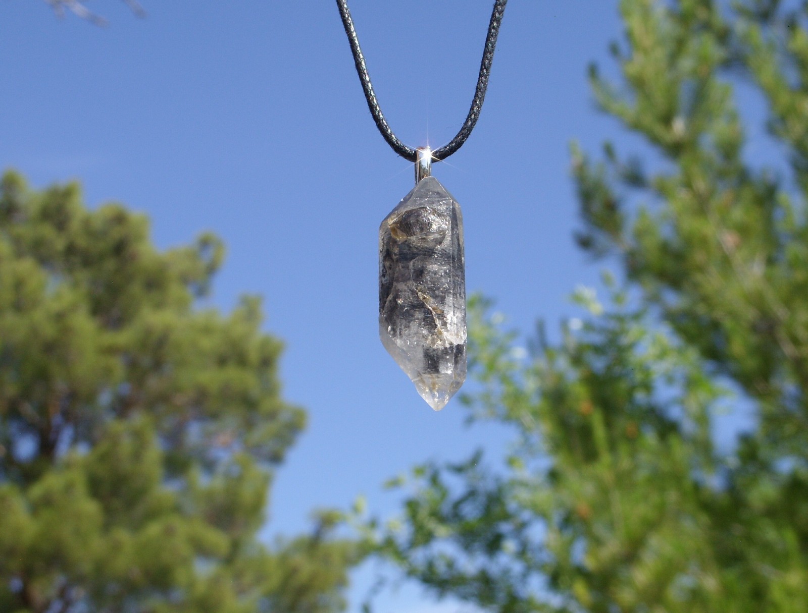 Tibetan Black Quartz Double Term Crystal Point Free Form Stone Pendant Necklace