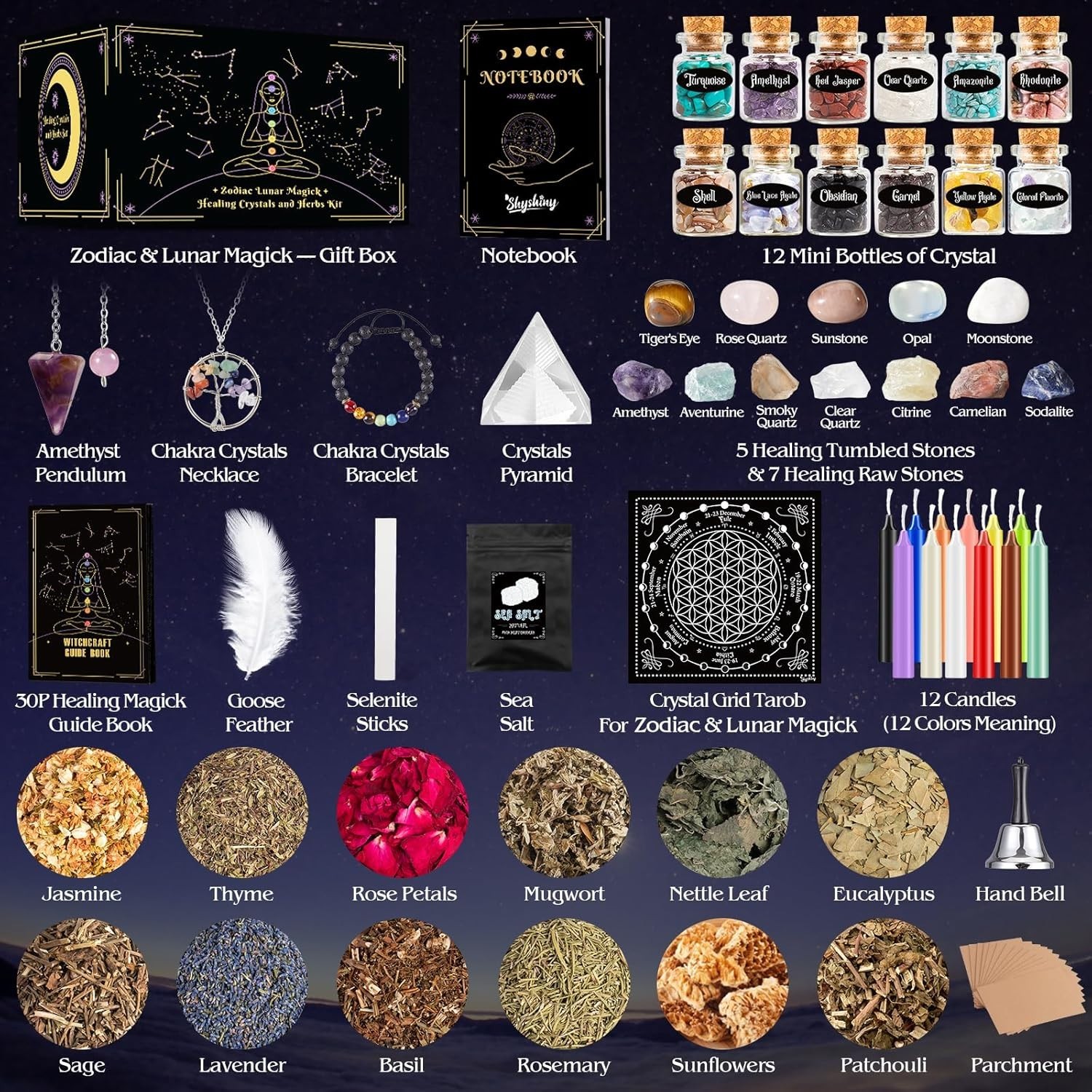 80pc Witchcraft Supplies Kit – Wiccan Starter Set w/ Crystals, Herbs, Spell Cand