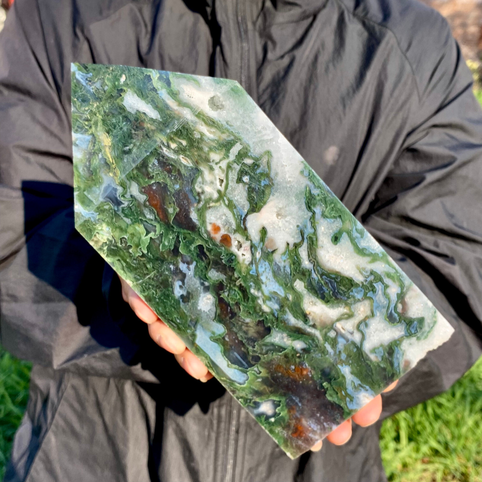 3.5LB Large Natural green druzy moss agate quartz obelisk crystal aura healing