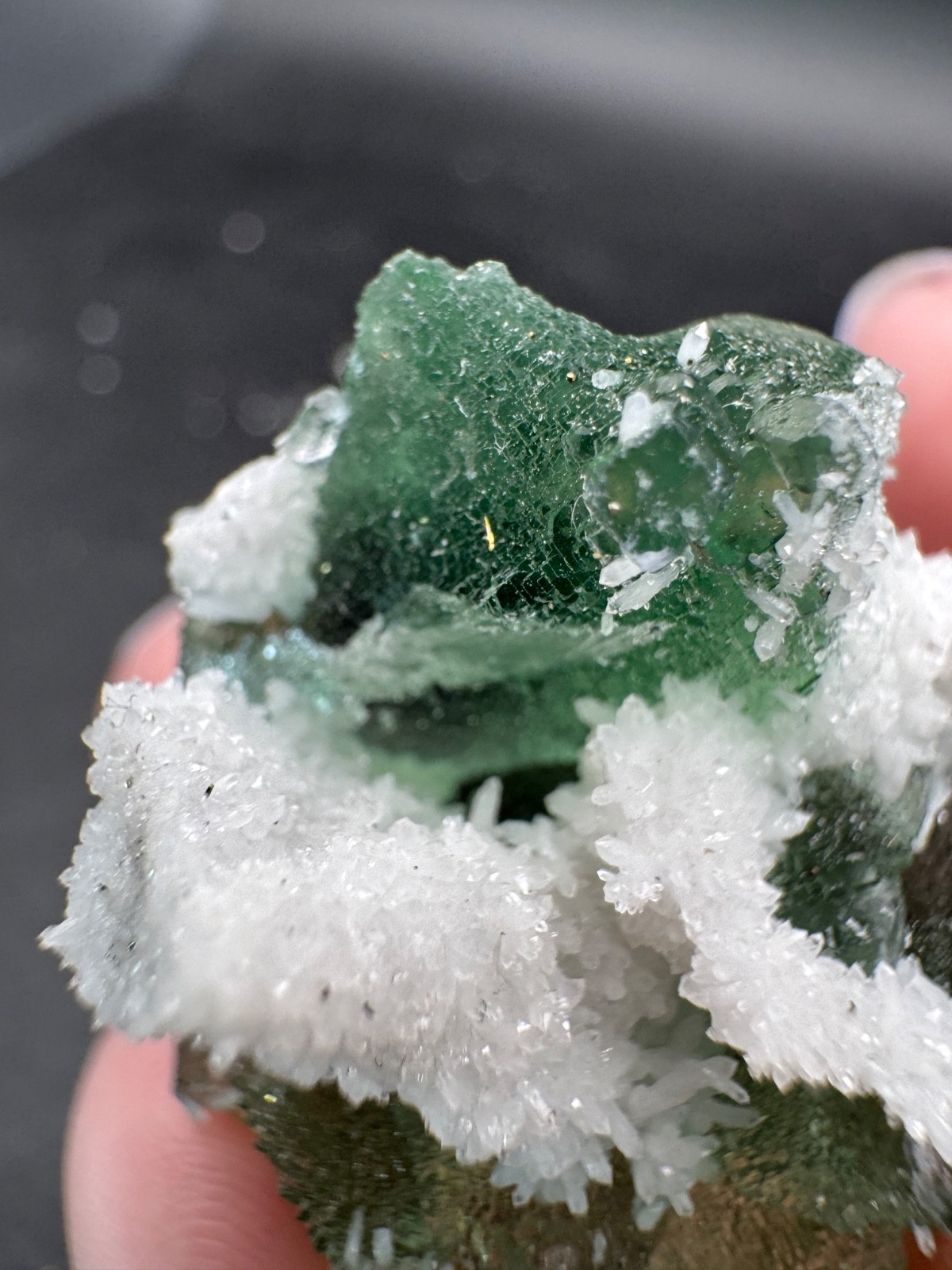 6658 Lovely Green Octahedral with White Quartz on Purple Fluorite Fu Jian 28g