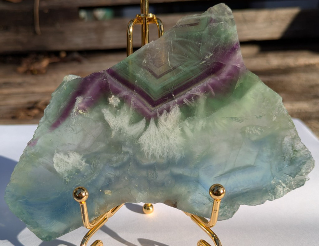 Purple Green Fluorite geometric banding w/snowflake feather slab crystal Unique!