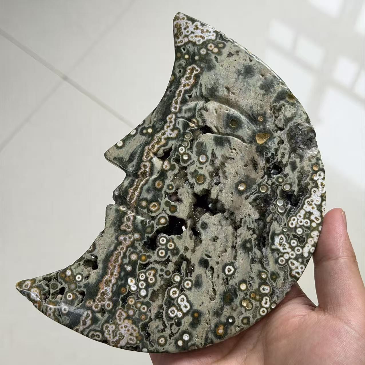 1.5LB Natural 8th Vein Ocean Jasper Crescent Moon Face Crystal Specimen Decor