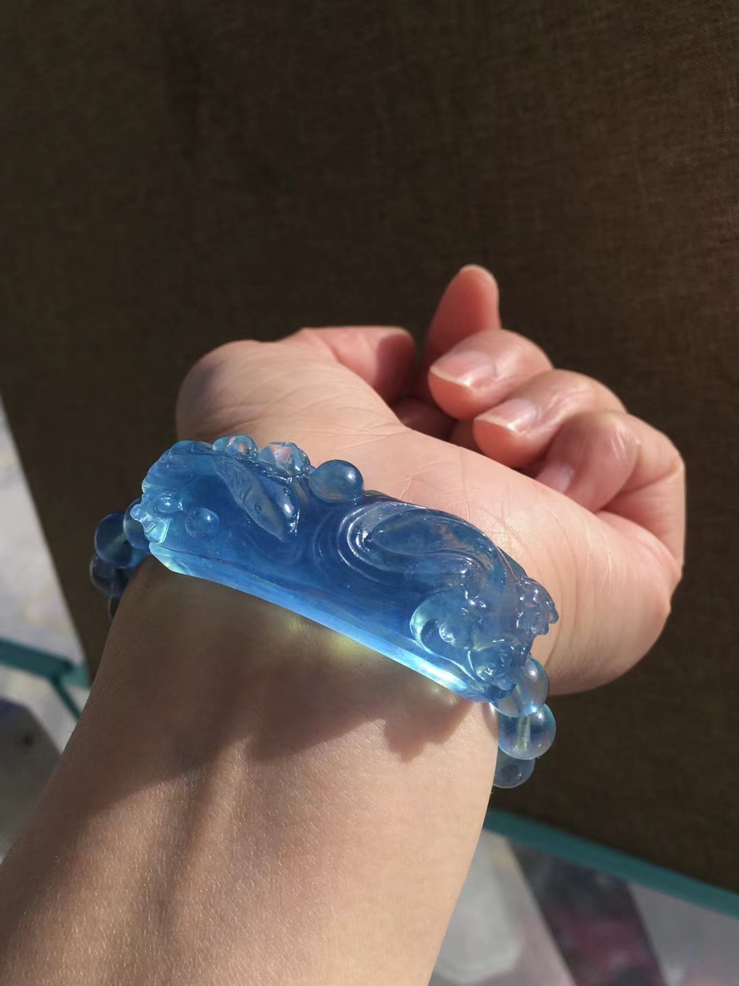 Rare Natural Aquamarine Quartz Healing Crystal Carved Fish bracelet Decor Reiki