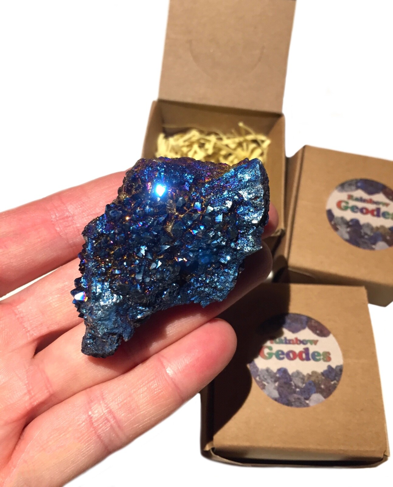 Rainbow Geode Box, Raw Crystal Surprise Box, Titanium Aura Stone, Gift Set of 3