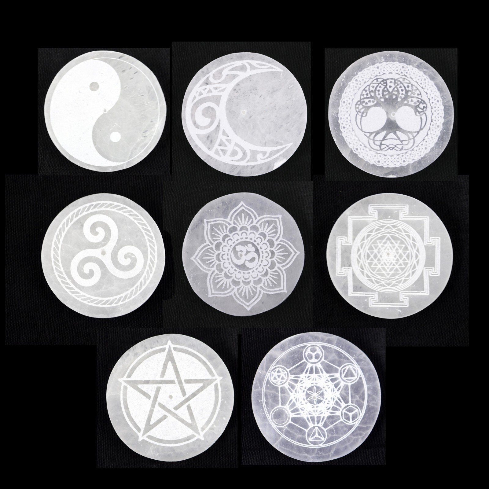 Selenite 4 inch Round Engraved Incense Burner Charging and Smudging Plates