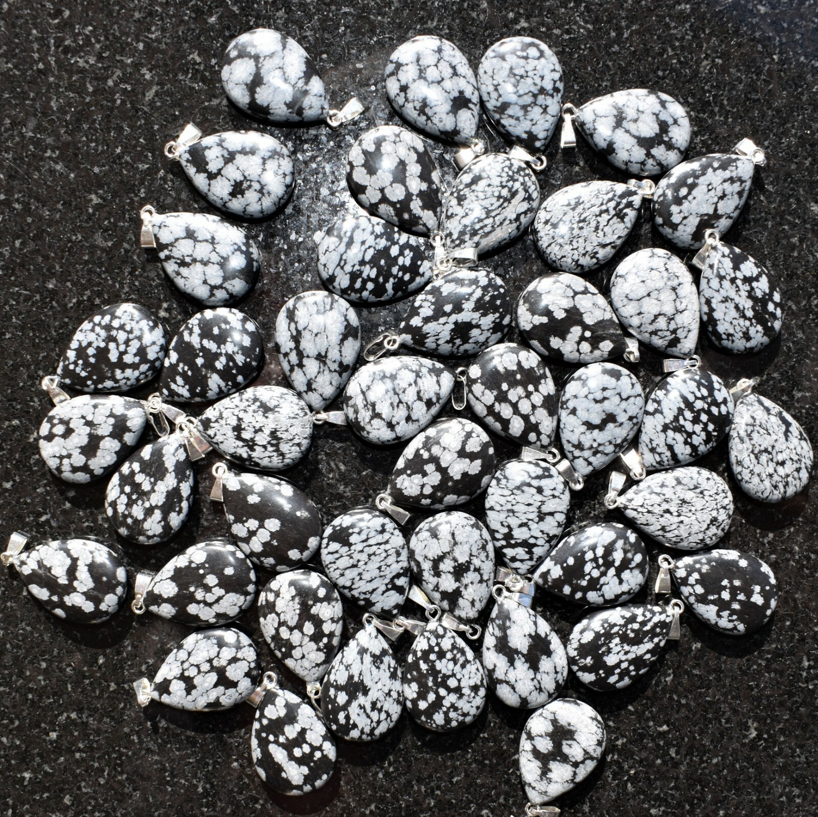 Charged Natural Snowflake Obsidian Teardrop Pendant + 20″ Stainless Steel Chain