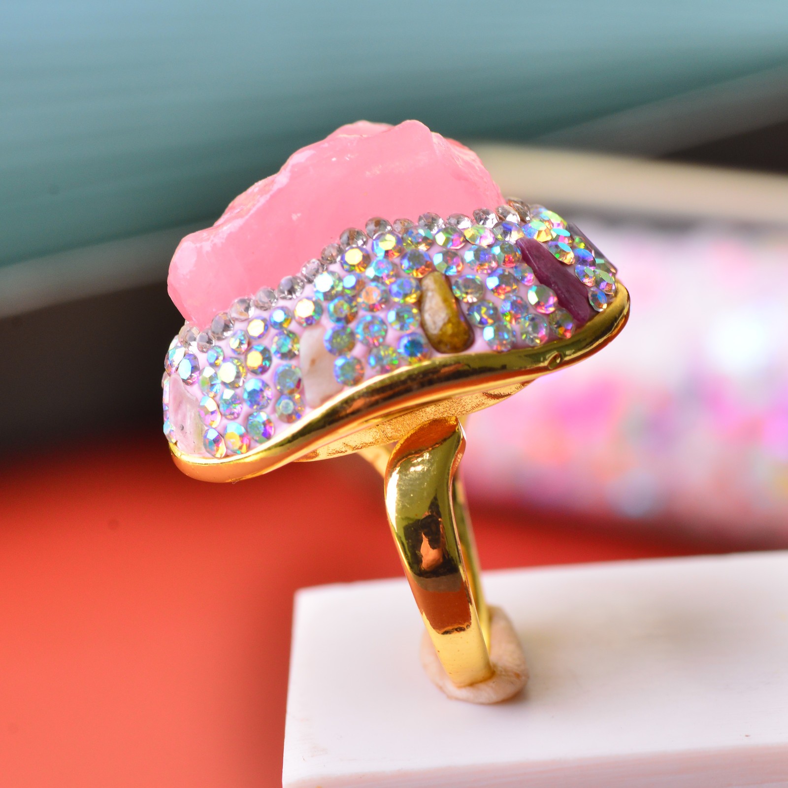 pink quartz ring, alloy inlaid with handmade gemstone jewelry Love Stone