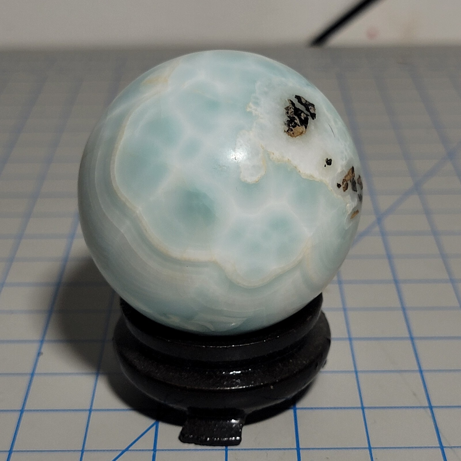 50mm Natural Dominican Larimar Polished Sphere w/Matrix Wooden Stand Included