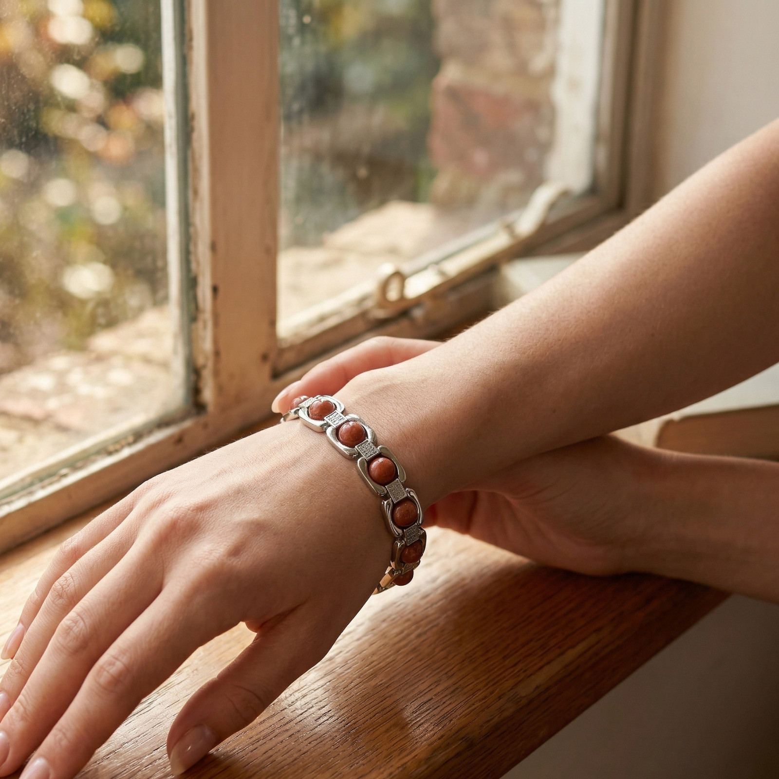 Natural Red Jasper Silver Plated Bracelet, Smooth Round Stones, Statement Look