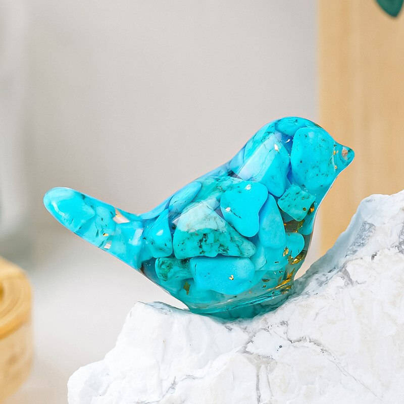 Natural Blue Turquoise Quartz Crystal Gravel Bird Drop Glue Mini Resin Statue
