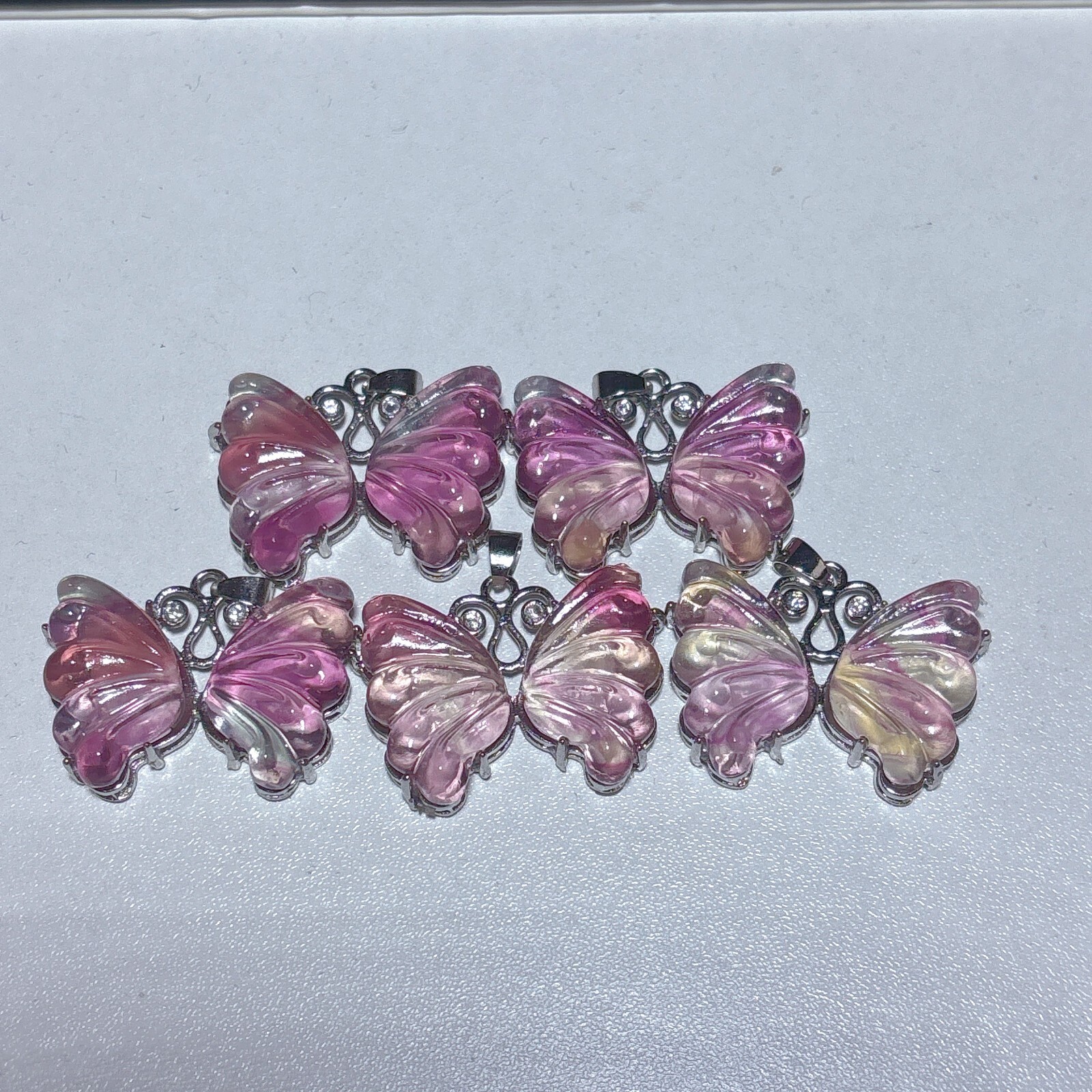 5pc Natural fluorite hand carve butterfly pendant quartz crystal reiki healing