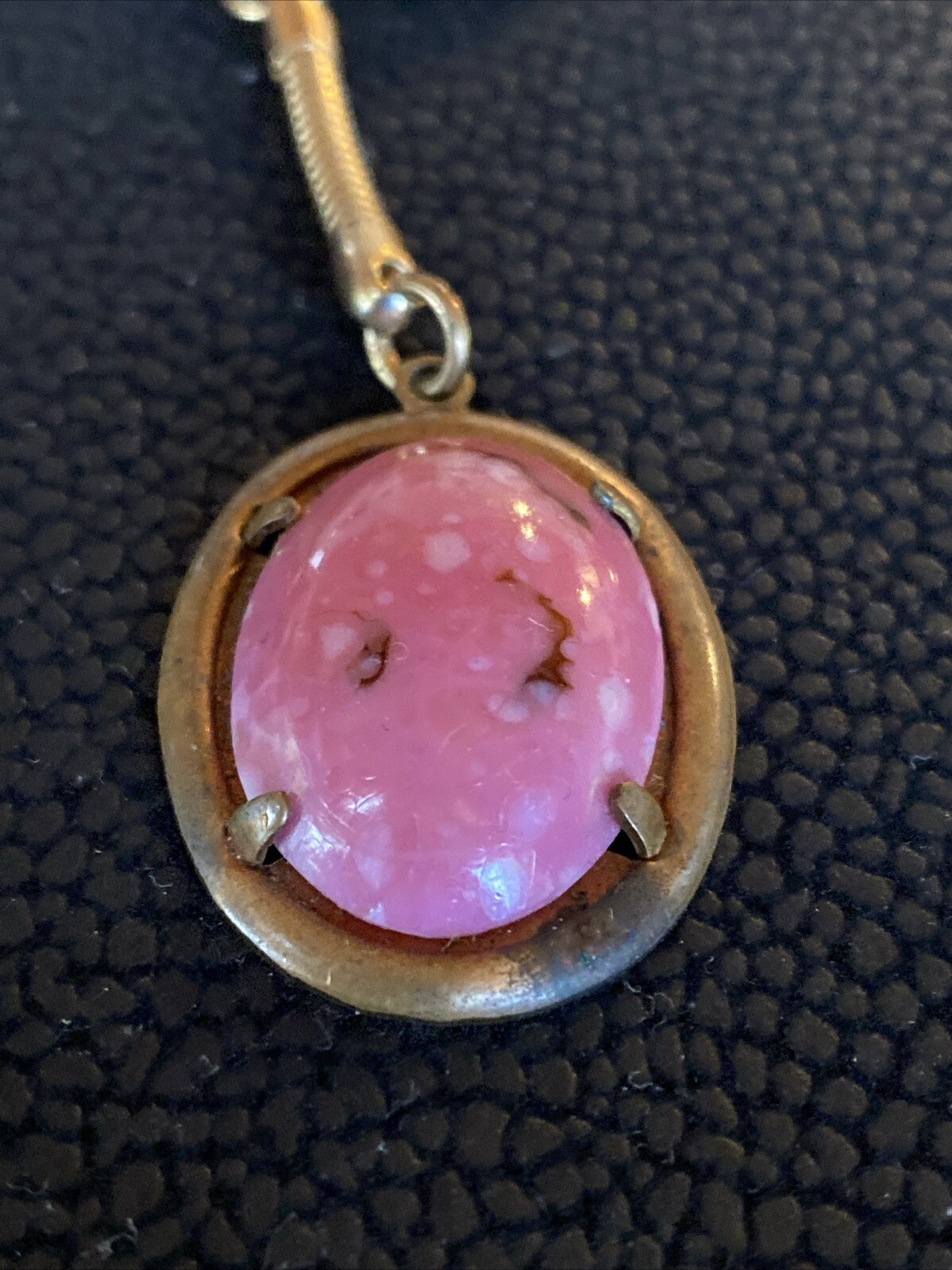 Vintage Pink RHODONITE Heart Gemstone Polished Cabochon Keychain Fob Oval Brass
