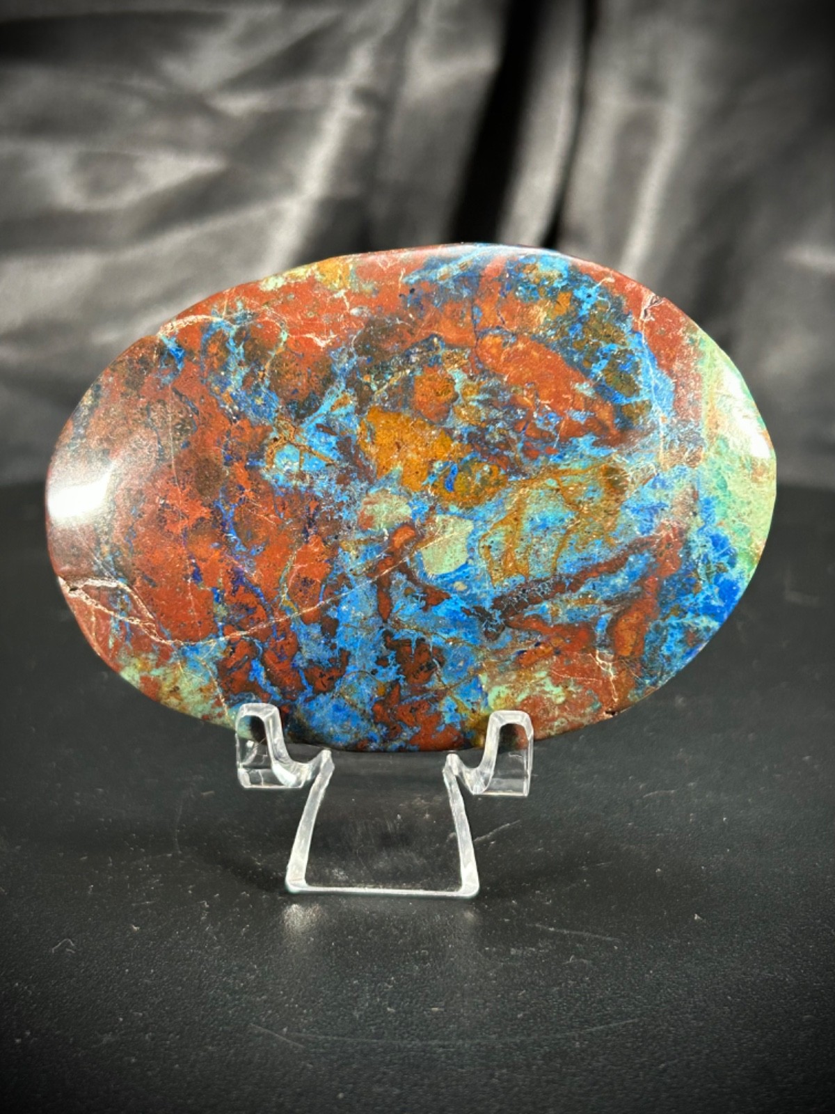 2.96″ Shattuckite Large Palmstone With Acrylic Stand 4.3oz (124 grams)