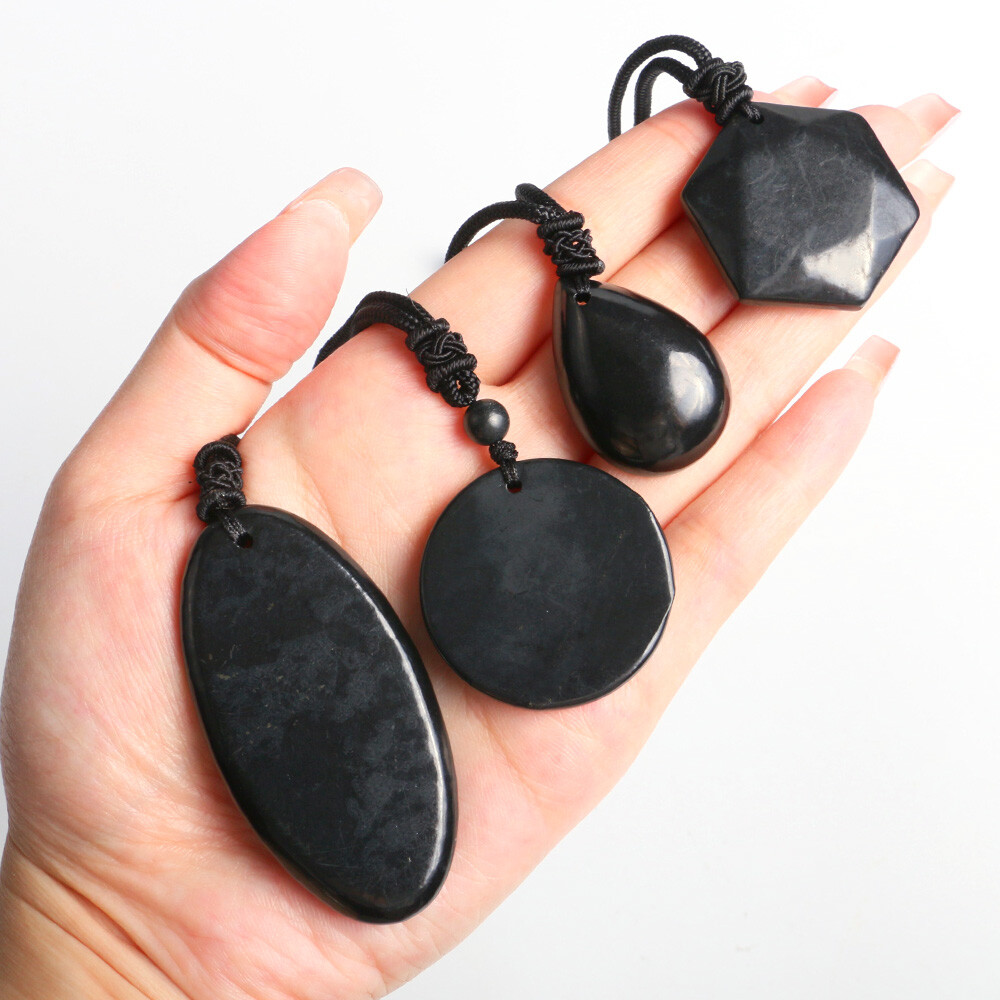Shungite Stones Crystal Necklace Rope Pendant Reiki Healing Protection EMF Gift