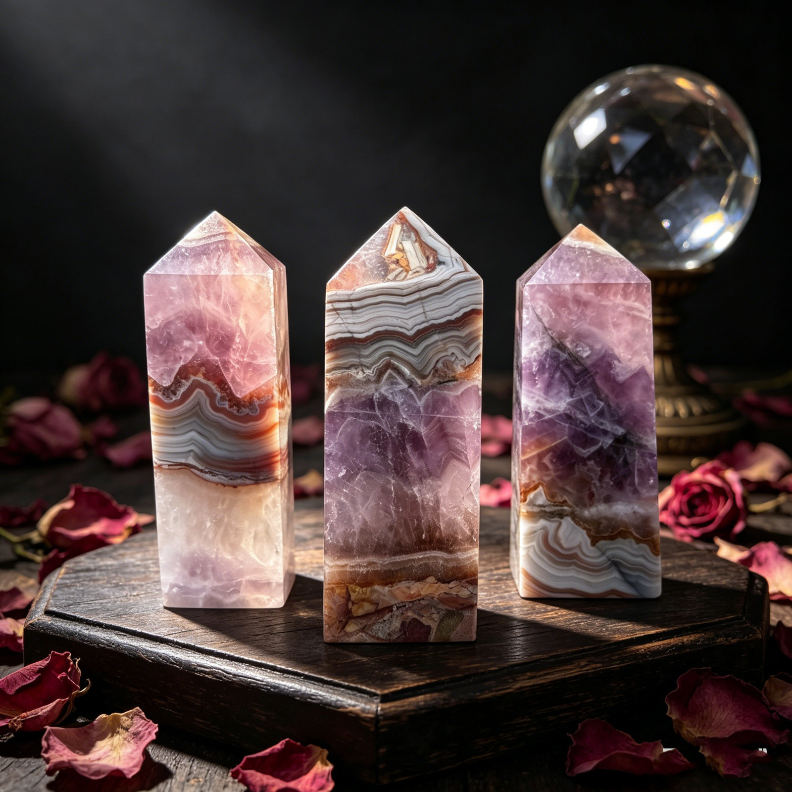 Natural Amethyst & Banded Agate Crystal Tower Obelisk Healing Wand Home Decor