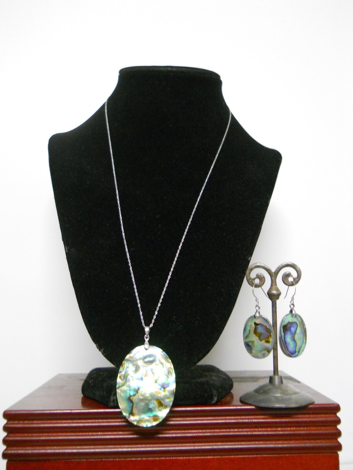 20″ Sterling Silver Necklace Authentic Abalone Shell & Earrings Jewelry Set #679
