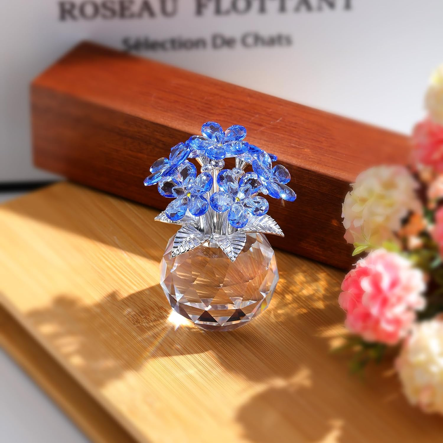 Blue K9 Crystal Forget Me Not Flowers, Meaningful Remembrance Gifts, Birthday Gi