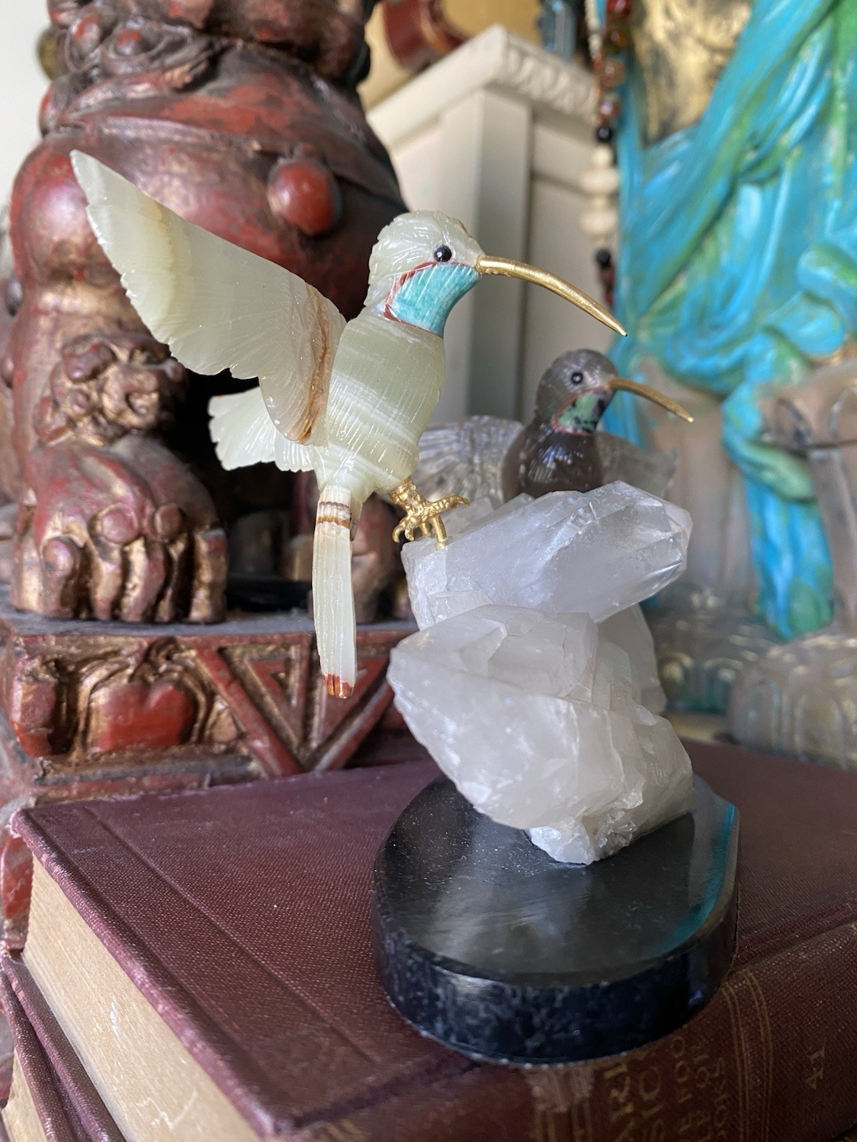 Peter Muller Hand Carved Smokey Quartz, Marble, Quartz Hummingbirds On Quartz