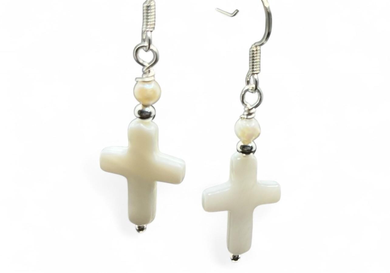 Genuine Cross Shaped Shell & Freshwater Pearl Handmade Earrings