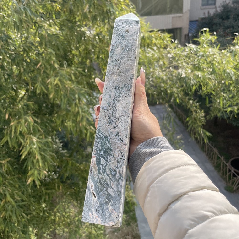 3.4LB 12.2″ Natural Moss Agate Obelisk Tower Crystal Quartz Point Mineral Reiki