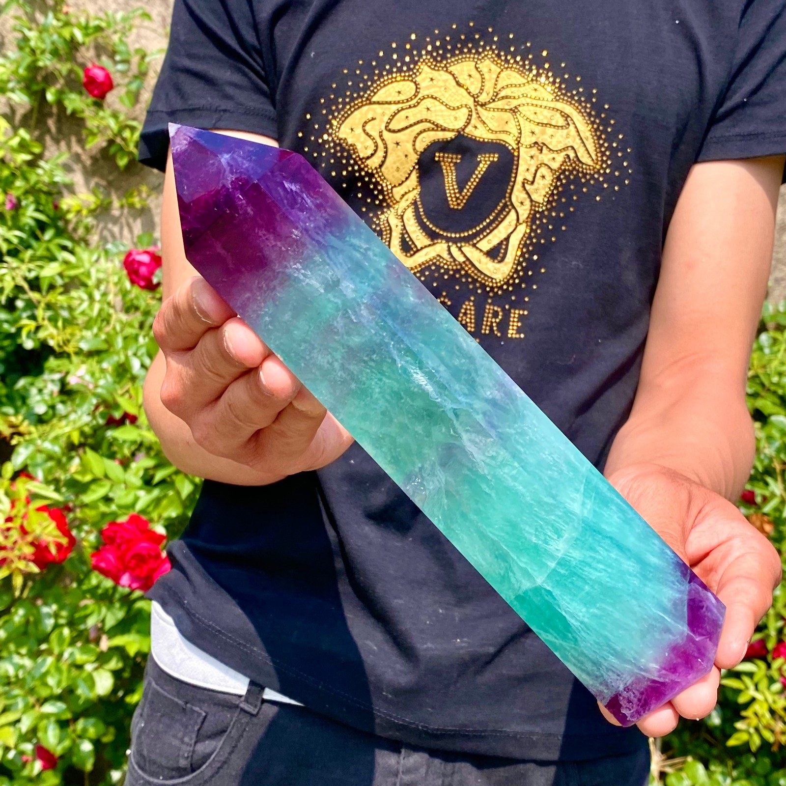 3.19LB Natural rainbow fluorite obelisk quartz crystal wand point Gem Healing