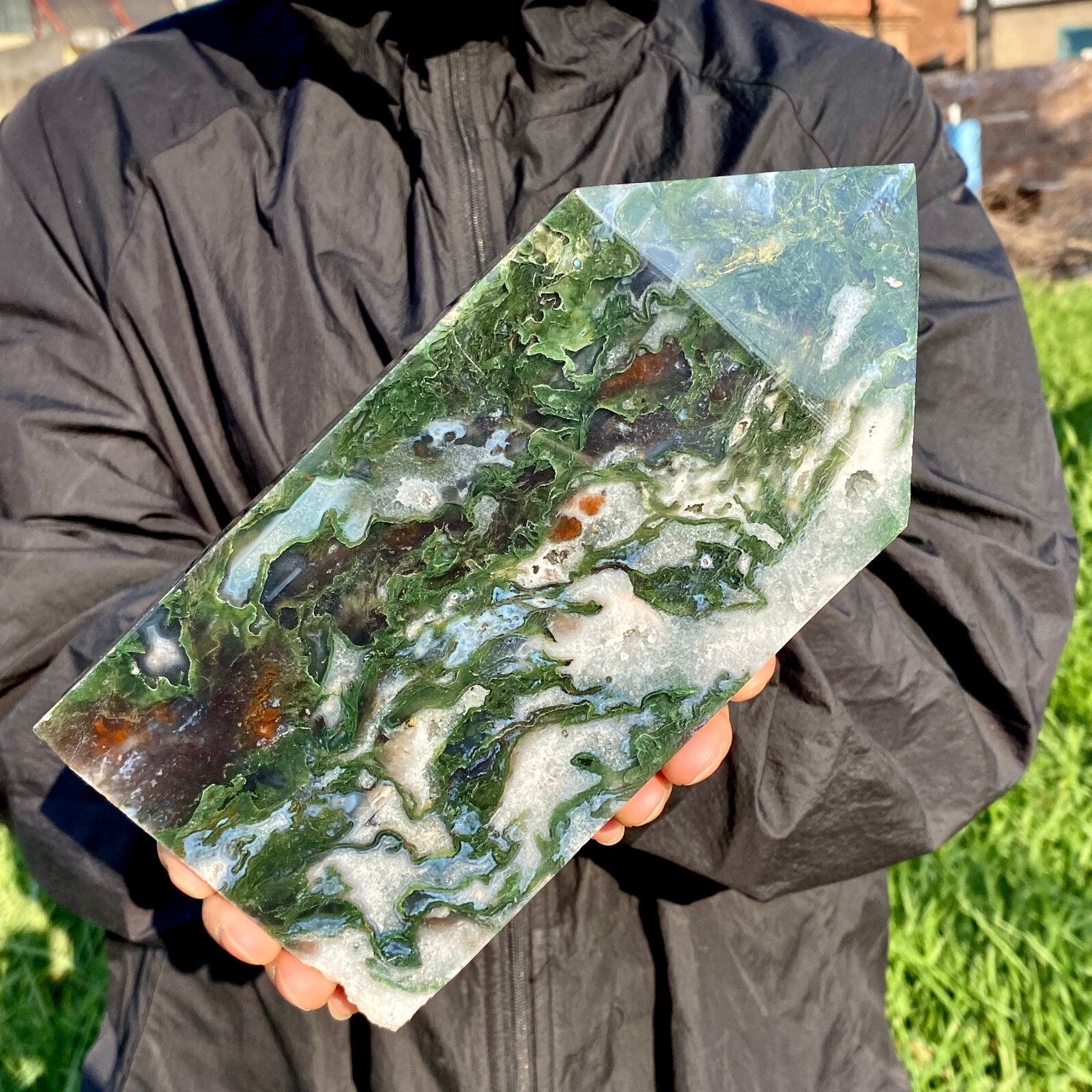 3.5LB Large Natural green druzy moss agate quartz obelisk crystal aura healing