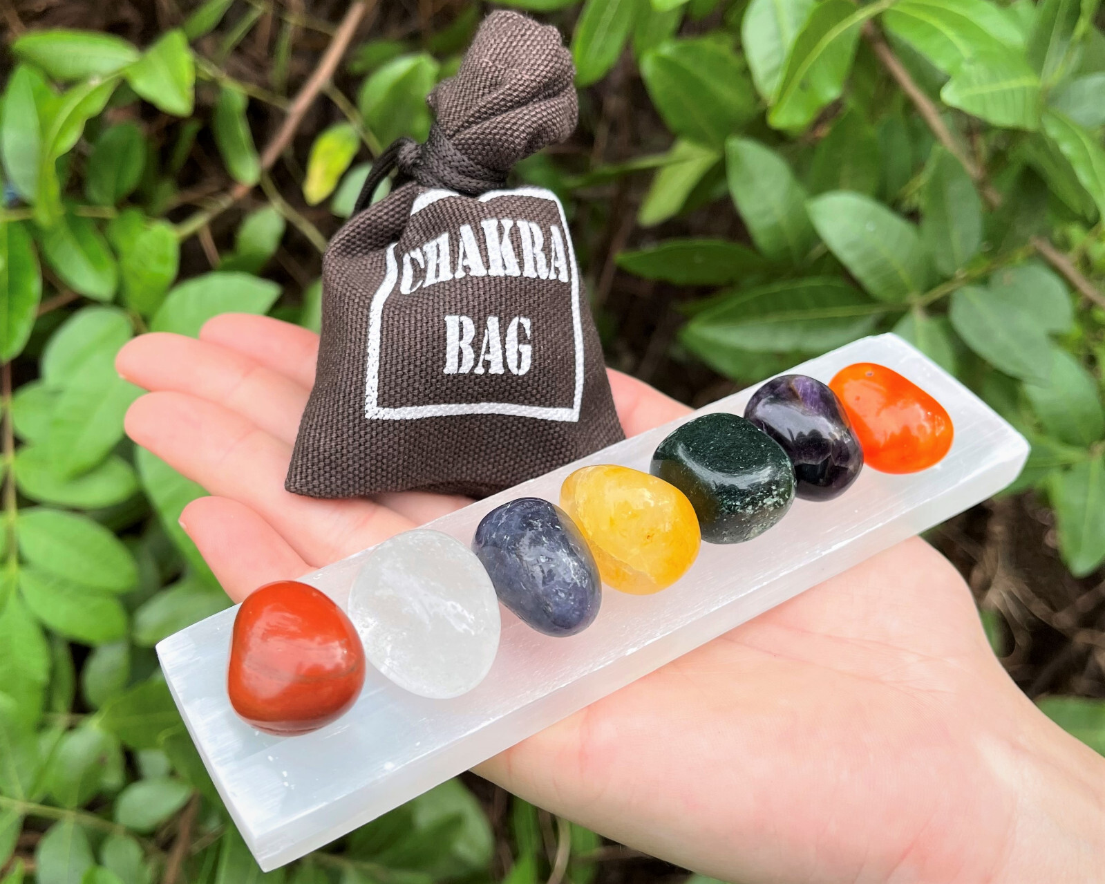 7 Chakra Tumbled Stone Set Carry Pouch Polished Selenite Charging Plate + Guide!