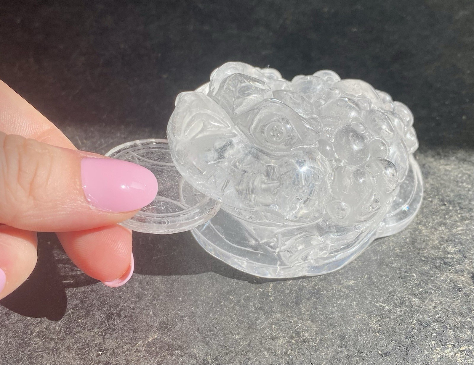 Crystal Clear Quartz 3 Leg Money Toad Frog Coin Feng Shui Prosper 274g