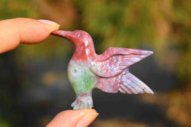 1.6”Natural Ocean jasper Hummingbird Reiki Crystal skull carved Healing gift 1x