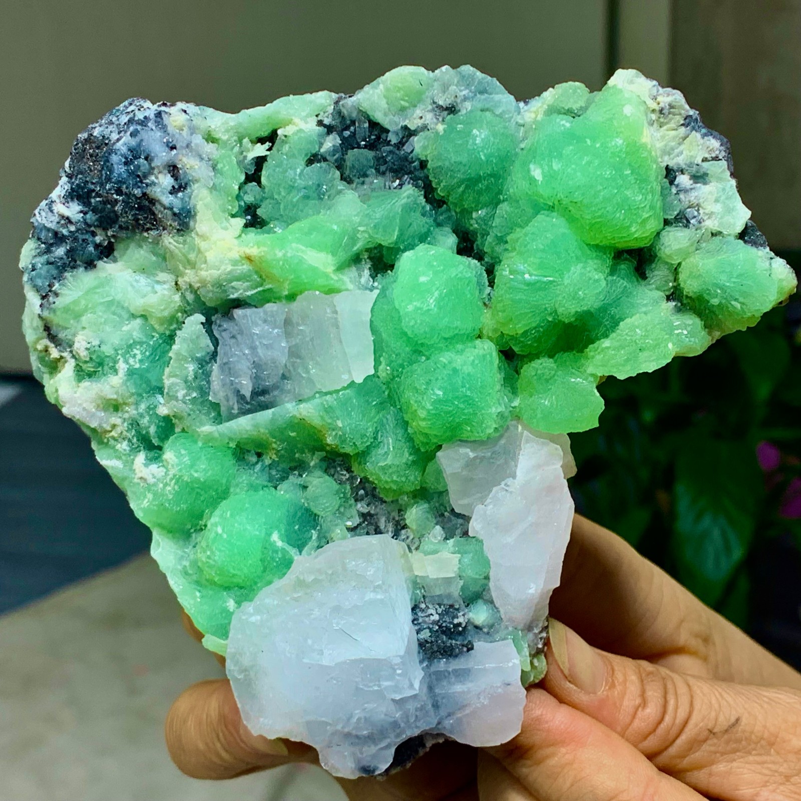 462G Natural beautiful spherical prehnite with calcite quartz crystal mineral