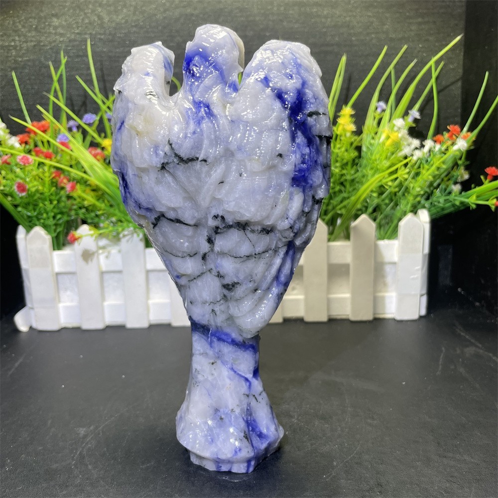 1.5LB 7.2″ Natural Sodalite And Quartz Angel Carving Crystal Quartz UV Reiki