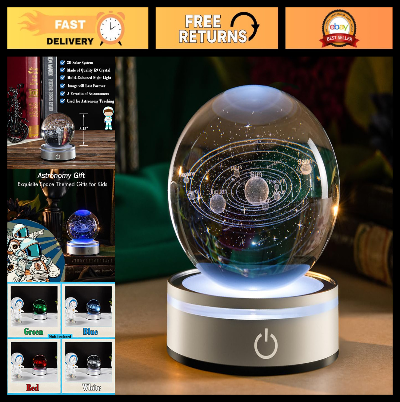 3D Solar System Crystal Ball Model – Multicolor Universe Globe Night Light Gift