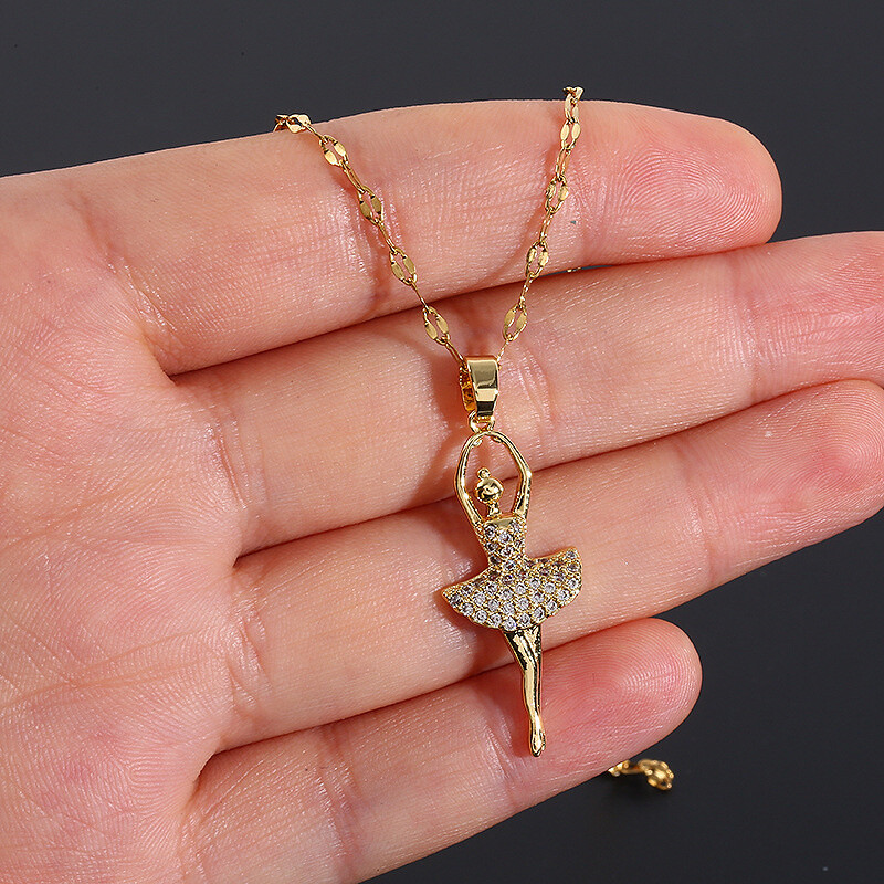 Women’s Fashion Jewelry Cubic Zircon Gold Ballet dancer Pendant Necklace 1PC