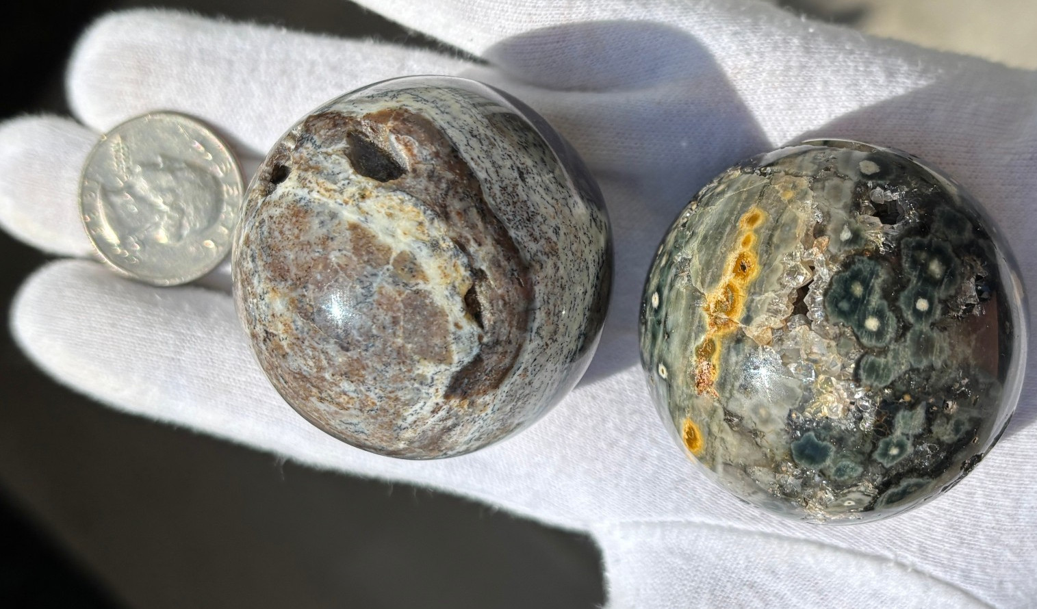 246g LOT 2 OJ OCEAN JASPER SPHERES SPARKLY DRUZY VUGS Kabamby SPHERE ORB ORBS