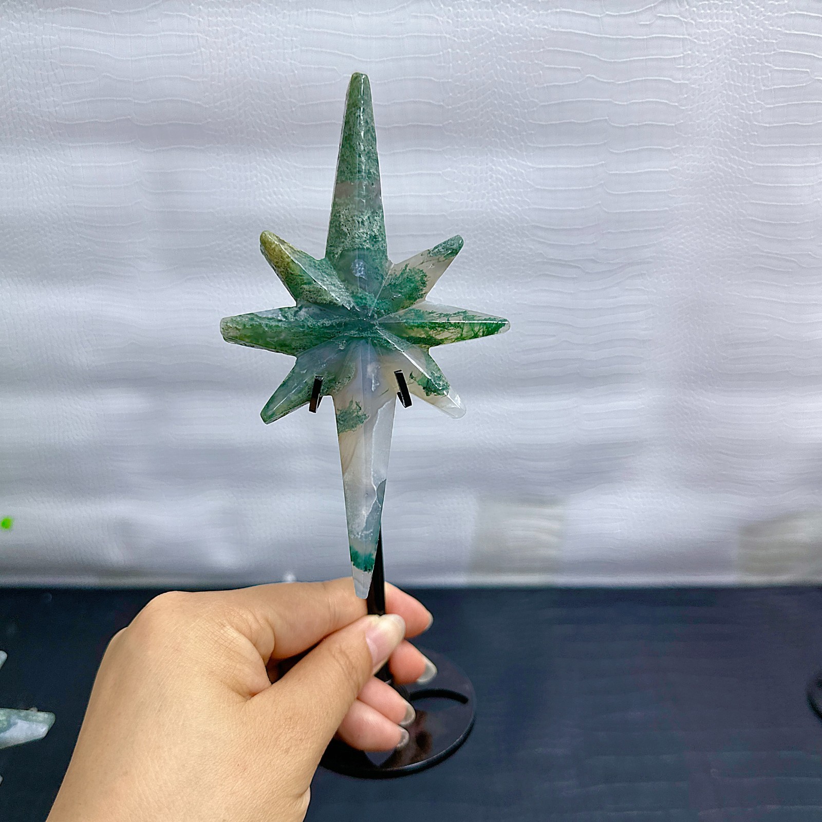 7.4 ” Moss Agate Star crystal carved North Star sculpture on stand 1pcs