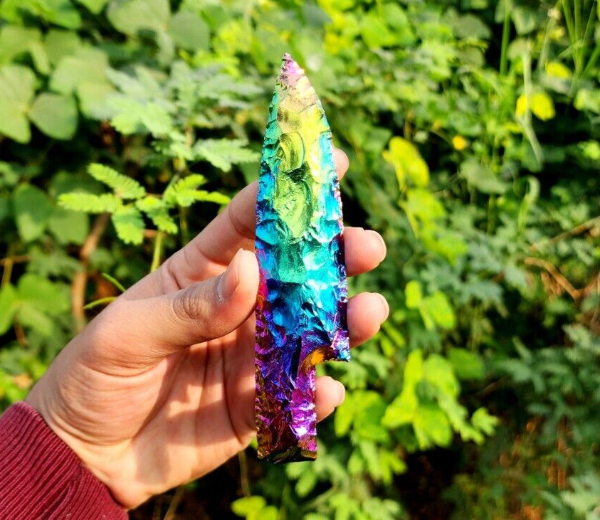 Titanium Aura Quartz Crystal Knife Athame Arrowhead Rainbow Obsidian Titanium