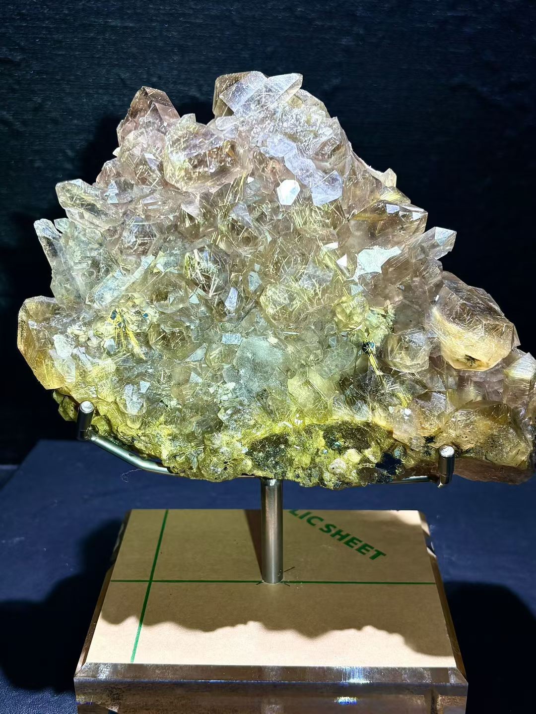 4.88LB Top！Natural Gold Rutilated Crystal Cluster Quartz Mineral Specimen+stand
