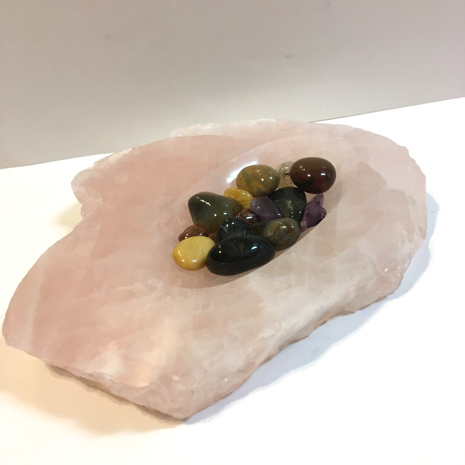 Solid Rose Quartz Crystal Bowl Trinket Dish Pink Gemstone Vanity Tray Raw Edge