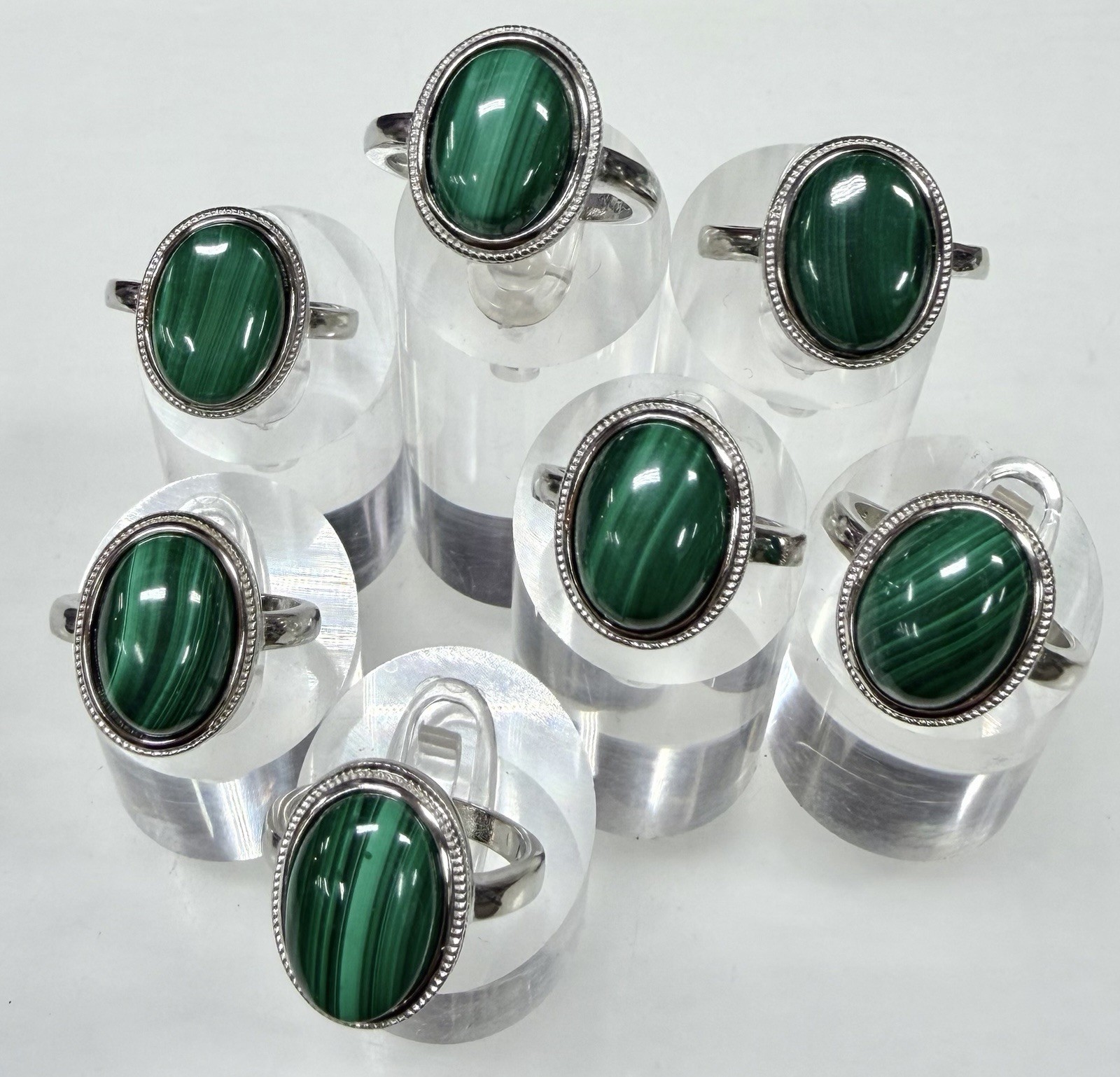 Wholesale Lot 7 Pcs Natural Malachite White Bronze Rings Crystal
