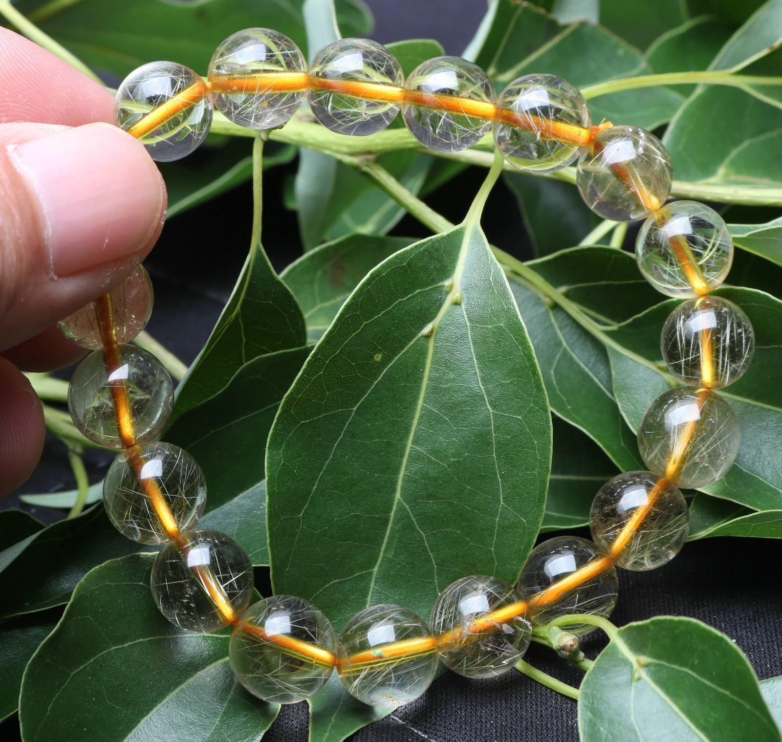 30.5g Rare Natural Clear Gold Rutilated Quartz Crystal 10mm Round Bead Hand cate